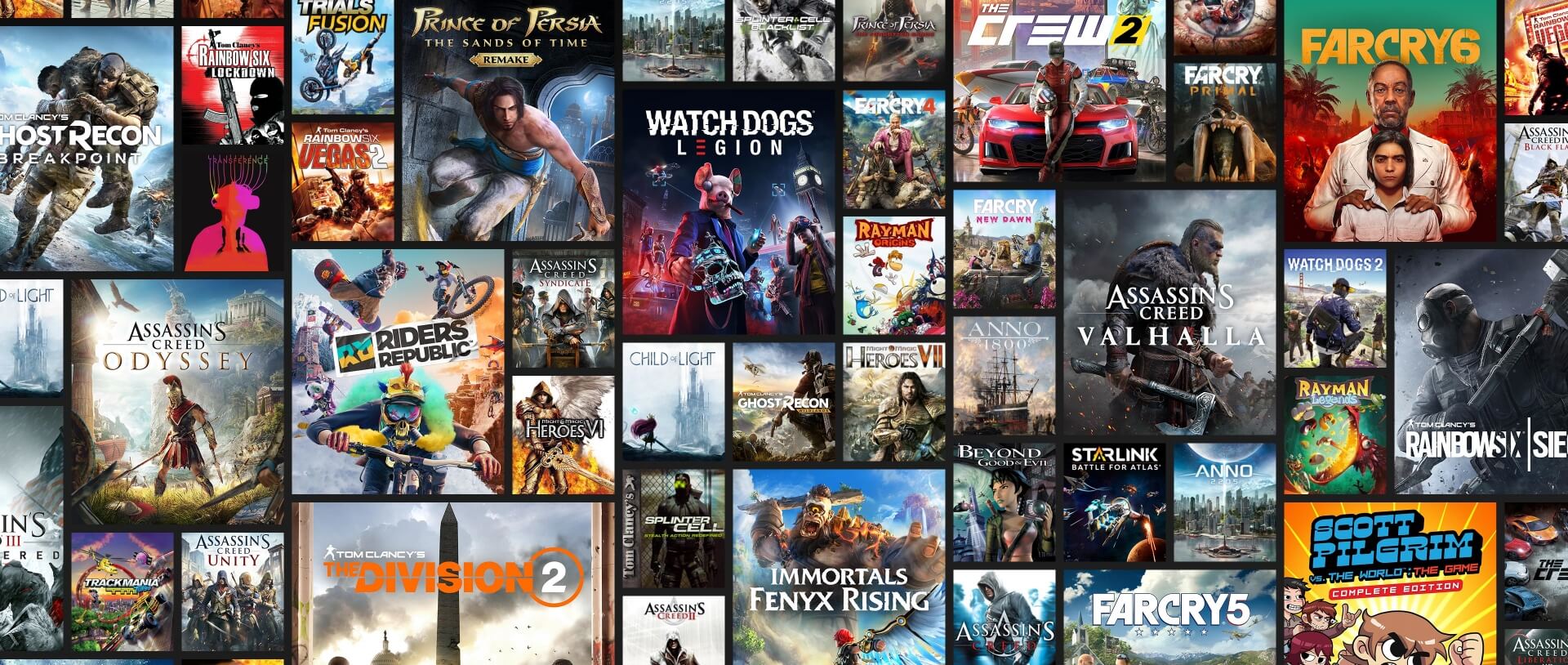 Mosaïque représentant les nouvelles sorties d'Ubisoft et la bibliothèque de plus de 100 jeux inclus dans l'abonnement Ubisoft+. 