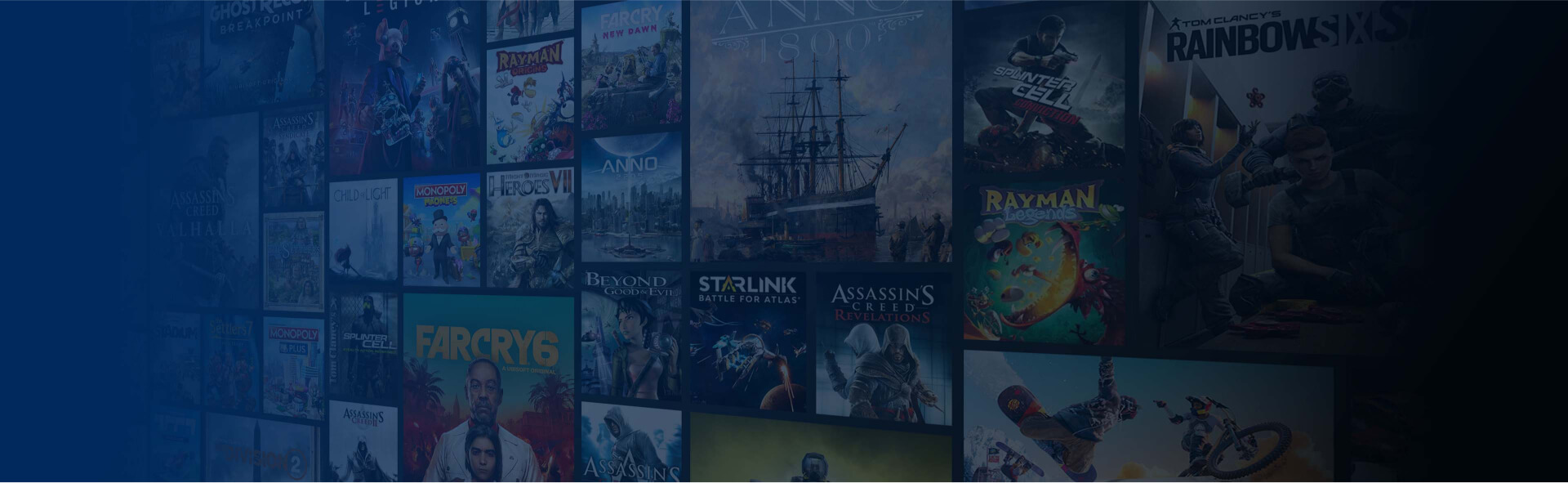 Mozaïek dat de bibliotheek met games vertegenwoordigt die beschikbaar zijn in het Ubisoft+ abonnement