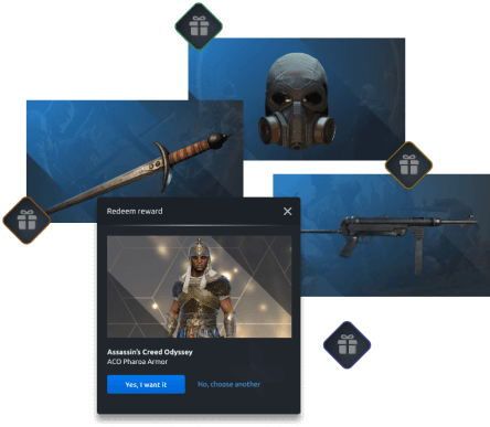 Types of Ubisoft Plus Rewards such as a Pharaoh skin for Assassin's Creed Odyssey and a weapon in For Honor