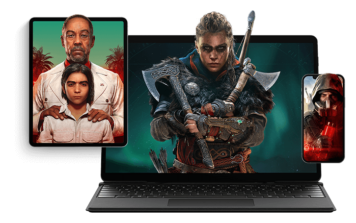 Diferentes dispositivos como escritorio, tablet, y smartphone con los personajes de Ubisoft en cada pantalla