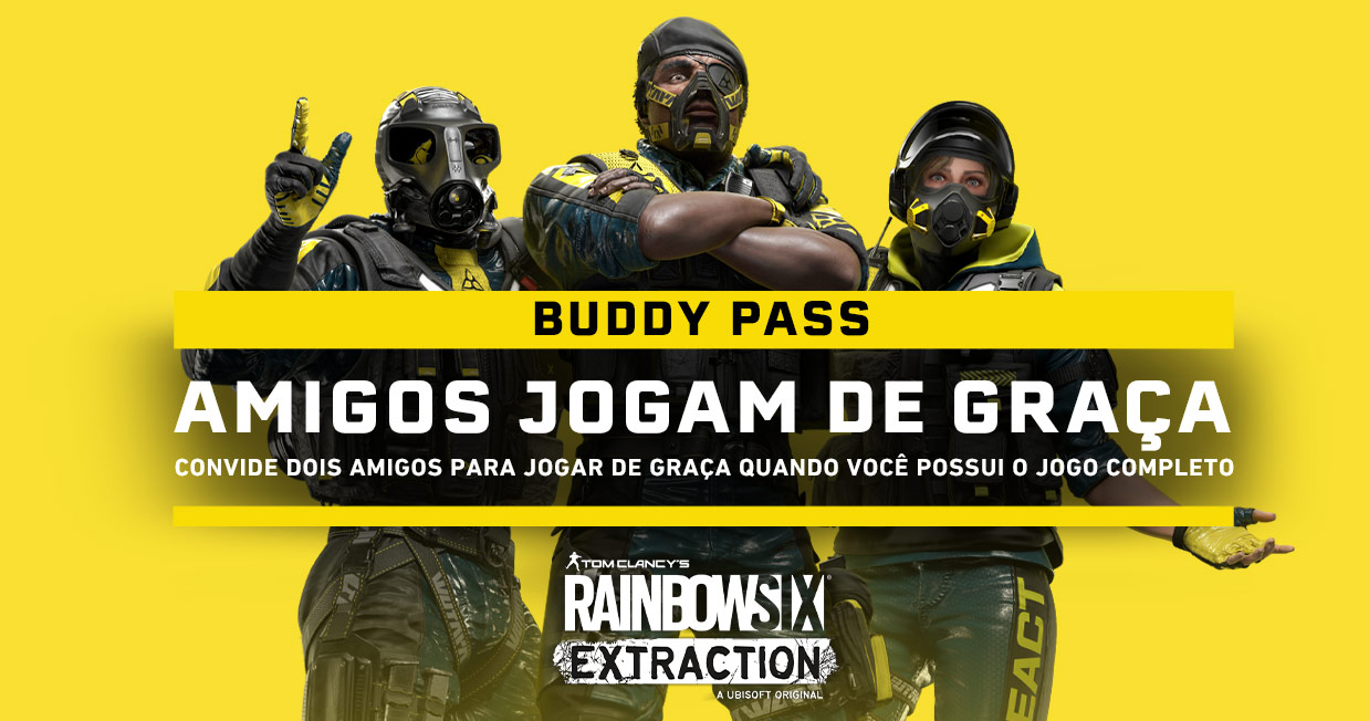 O Buddy Pass é um recurso incluído em todas as cópias completas do jogo Rainbow Six Extraction, que permite que você jogue por 14 dias com dois amigos em qualquer plataforma, mesmo se eles não tiverem o jogo.