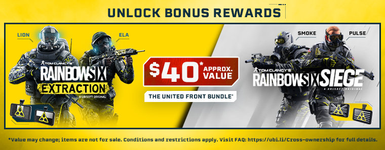 Unlock approximately $40 USD* of bonus content across Rainbow Six Extraction and Rainbow Six Siege when you own both games + unlock the 18 Rainbow Six Extraction operators in Rainbow Six Siege